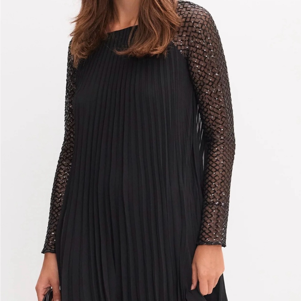 Joseph Ribkoff Black Pleated Midi Dress with Sequin Sleeves - Picture 9 of 15